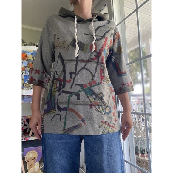 Inoah Cozy Hoody Top S – Abstract Artsy Print, Front Pocket, 3/4 Sleeves - Picture 1 of 9